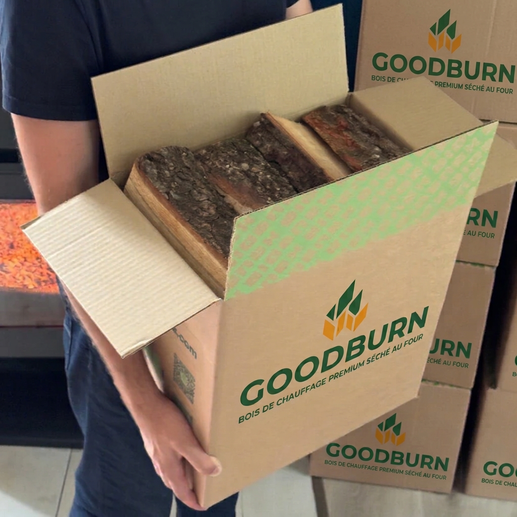 Caisse Goodburn ouverte avec bûches de chêne